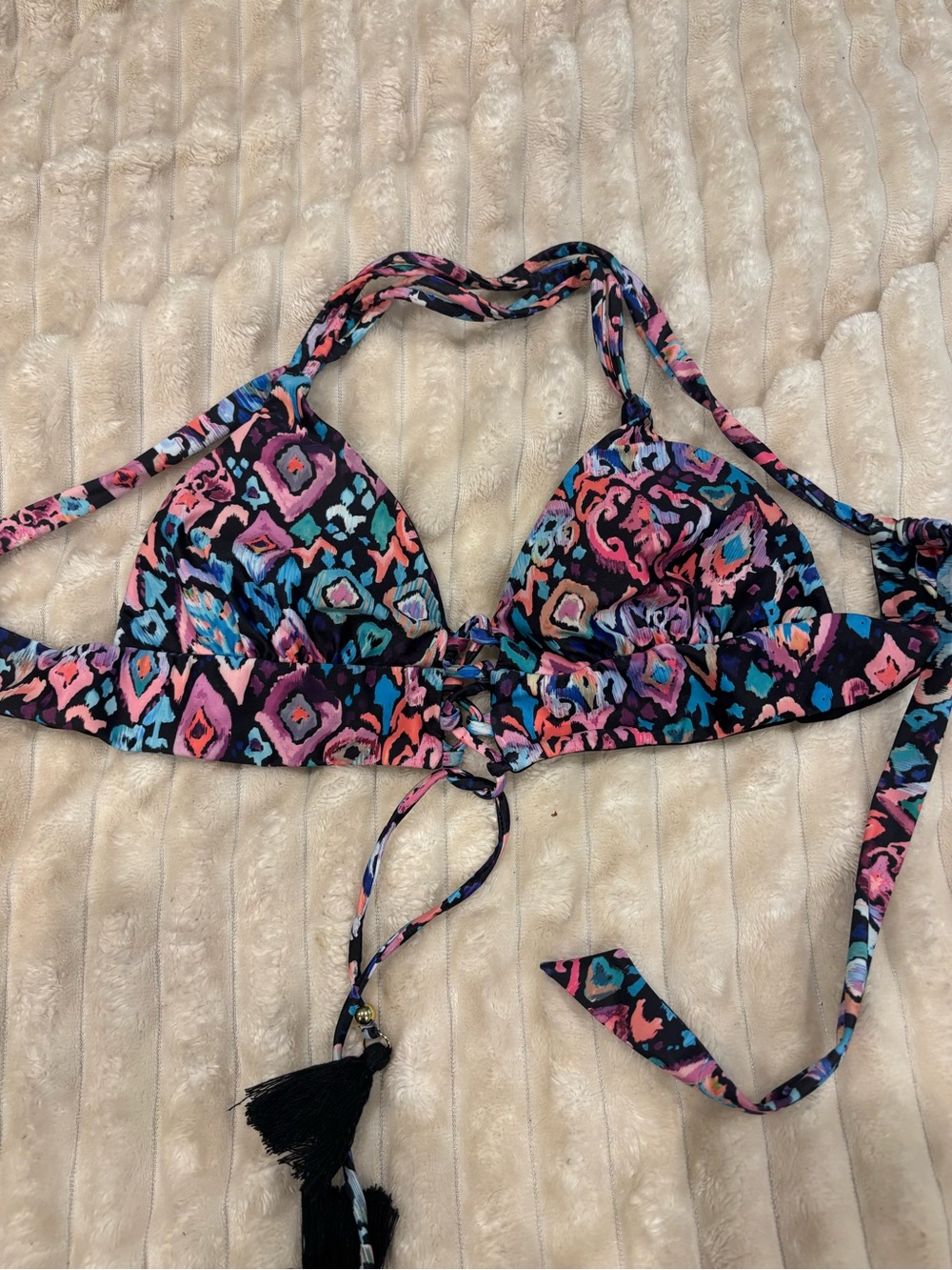 Venus Tribal Print Boho Tassel Long Line Triangle Bikini Top